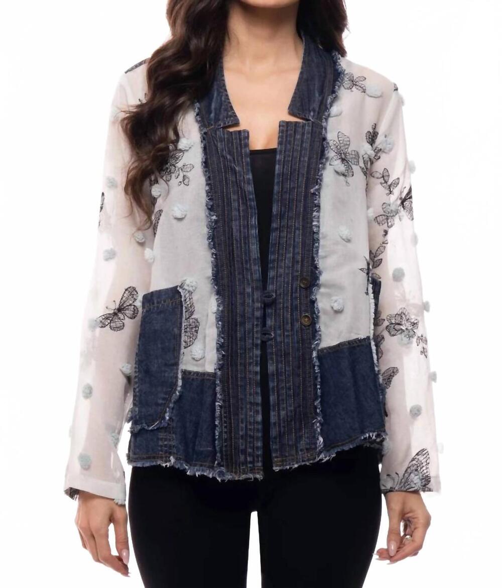 NEW ADORE chiffon embroidered butterfly jacket with denim trim in blue